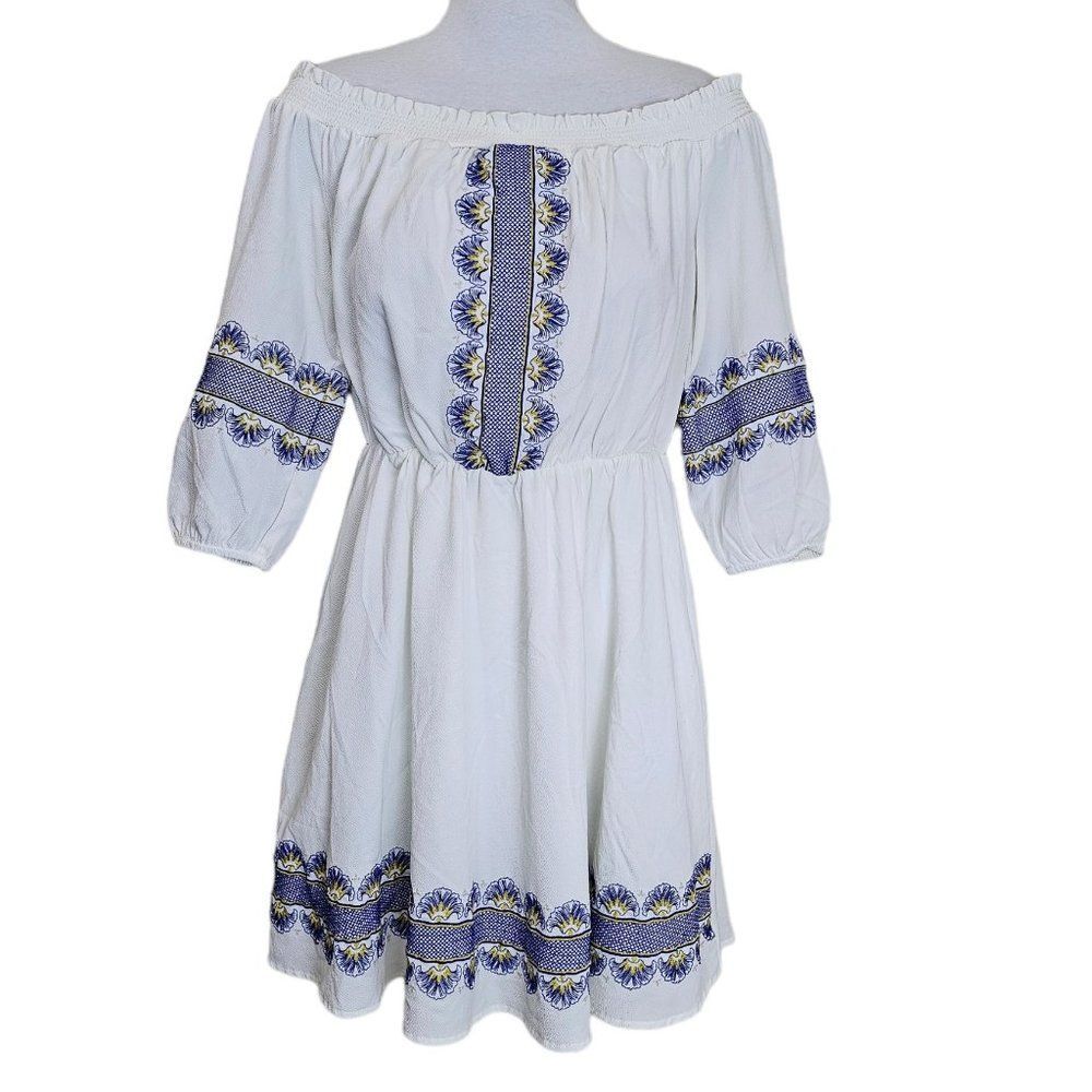 NWT KAARI Blue Embroidered Off Shoulder Dress Size Small